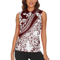 Polynesian Tropical Flowers Oxblood Color Women Sleeveless Polo Shirt LT14 - Polynesian Pride
