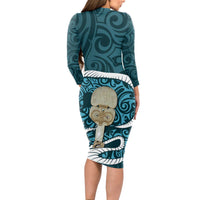 Turquoise New Zealand Eel Long Sleeve Bodycon Dress Aotearoa Maori Tuna With Kotiate Weapon