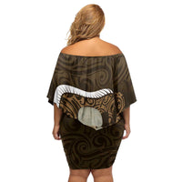 Gold New Zealand Eel Family Matching Off Shoulder Short Dress and Hawaiian Shirt Aotearoa Maori Tuna With Kotiate Weapon
