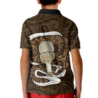 Gold New Zealand Eel Kid Polo Shirt Aotearoa Maori Tuna With Kotiate Weapon LT14 - Polynesian Pride