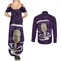Purple New Zealand Eel Couples Matching Summer Maxi Dress and Long Sleeve Button Shirt Aotearoa Maori Tuna With Kotiate Weapon