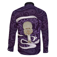 Purple New Zealand Eel Family Matching Off Shoulder Short Dress and Hawaiian Shirt Aotearoa Maori Tuna With Kotiate Weapon