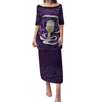 Purple New Zealand Eel Family Matching Puletasi and Hawaiian Shirt Aotearoa Maori Tuna With Kotiate Weapon