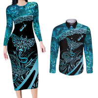 New Zealand Stingray Couples Matching Long Sleeve Bodycon Dress and Long Sleeve Button Shirt Aotearoa Whai With Maori Paua Shell