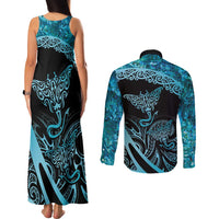 New Zealand Stingray Couples Matching Tank Maxi Dress and Long Sleeve Button Shirt Aotearoa Whai With Maori Paua Shell