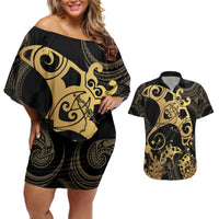 Black And Gold Aotearoa Whai Couples Matching Off Shoulder Short Dress and Hawaiian Shirt NZ Stingrays Maori Curves Style