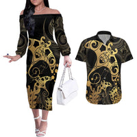 Black And Gold Aotearoa Whai Couples Matching Off The Shoulder Long Sleeve Dress and Hawaiian Shirt NZ Stingrays Maori Curves Style