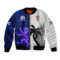 Fiji And Scotland Rugby Bomber Jacket Fijian Tapa Pattern With Thistle LT14 Unisex Blue - Polynesian Pride