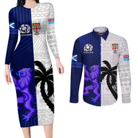Fiji And Scotland Rugby Couples Matching Long Sleeve Bodycon Dress and Long Sleeve Button Shirts Fijian Tapa Pattern With Thistle LT14 Blue - Polynesian Pride