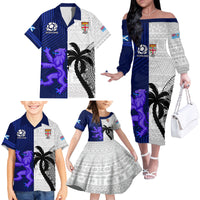 Fiji And Scotland Rugby Family Matching Off Shoulder Long Sleeve Dress and Hawaiian Shirt Fijian Tapa Pattern With Thistle LT14 - Polynesian Pride