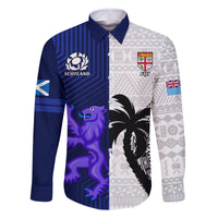 Custom Fiji And Scotland Rugby Family Matching Off Shoulder Maxi Dress and Hawaiian Shirt Fijian Tapa Pattern With Thistle LT14 Dad's Shirt - Long Sleeve Blue - Polynesian Pride