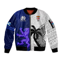 Custom Fiji And Scotland Rugby Sleeve Zip Bomber Jacket Fijian Tapa Pattern With Thistle LT14 Unisex Blue - Polynesian Pride