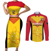 Custom Papua New Guinea Rubgby Couples Matching Short Sleeve Bodycon Dress and Long Sleeve Button Shirts Pacific 2023 Go PNG Kumuls LT14 Yellow - Polynesian Pride