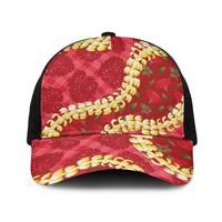 Red Palaka Hawaii Mele Kalikimaka Baseball Net Cap Ohia Lehua Monstera Puakenikeni Lei LT14 One Size Black Red - Polynesian Pride