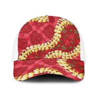 Red Palaka Hawaii Mele Kalikimaka Baseball Net Cap Ohia Lehua Monstera Puakenikeni Lei LT14 One Size White Red - Polynesian Pride