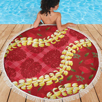 Red Palaka Hawaii Mele Kalikimaka Beach Blanket Ohia Lehua Monstera Puakenikeni Lei LT14 - Polynesian Pride