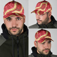 Red Palaka Hawaii Mele Kalikimaka Classic Cap Ohia Lehua Monstera Puakenikeni Lei - Polynesian Pride