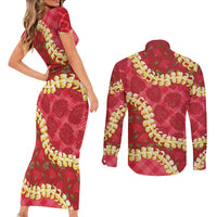 Red Palaka Hawaii Mele Kalikimaka Couples Matching Short Sleeve Bodycon Dress and Long Sleeve Button Shirt Ohia Lehua Monstera Puakenikeni Lei - Polynesian Pride
