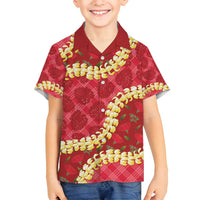 Red Palaka Hawaii Mele Kalikimaka Family Matching Off Shoulder Maxi Dress and Hawaiian Shirt Ohia Lehua Monstera Puakenikeni Lei - Polynesian Pride