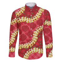 Red Palaka Hawaii Mele Kalikimaka Family Matching Puletasi and Hawaiian Shirt Ohia Lehua Monstera Puakenikeni Lei LT14 Dad's Shirt - Long Sleeve Red - Polynesian Pride