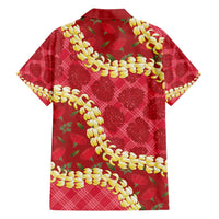 Red Palaka Hawaii Mele Kalikimaka Family Matching Summer Maxi Dress and Hawaiian Shirt Ohia Lehua Monstera Puakenikeni Lei - Polynesian Pride