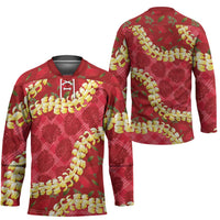 Red Palaka Hawaii Mele Kalikimaka Hockey Jersey Ohia Lehua Monstera Puakenikeni Lei - Polynesian Pride
