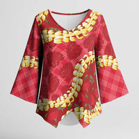 Red Palaka Hawaii Mele Kalikimaka Kimono Sleeve Blouse Ohia Lehua Monstera Puakenikeni Lei LT14 Female Red - Polynesian Pride