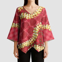 Red Palaka Hawaii Mele Kalikimaka Kimono Sleeve Blouse Ohia Lehua Monstera Puakenikeni Lei LT14 - Polynesian Pride