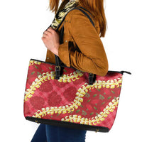 Red Palaka Hawaii Mele Kalikimaka Leather Tote Bag Ohia Lehua Monstera Puakenikeni Lei - Polynesian Pride