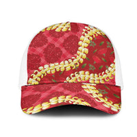 Red Palaka Hawaii Mele Kalikimaka Mesh Trucker Cap Ohia Lehua Monstera Puakenikeni Lei - Polynesian Pride