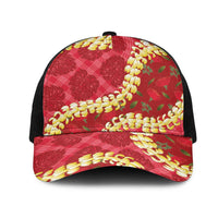 Red Palaka Hawaii Mele Kalikimaka Mesh Trucker Cap Ohia Lehua Monstera Puakenikeni Lei - Polynesian Pride