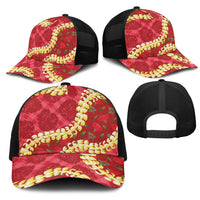 Red Palaka Hawaii Mele Kalikimaka Mesh Trucker Cap Ohia Lehua Monstera Puakenikeni Lei - Polynesian Pride