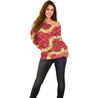 Red Palaka Hawaii Mele Kalikimaka Off Shoulder Sweater Ohia Lehua Monstera Puakenikeni Lei - Polynesian Pride