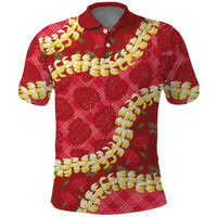 Red Palaka Hawaii Mele Kalikimaka Polo Shirt Ohia Lehua Monstera Puakenikeni Lei - Polynesian Pride