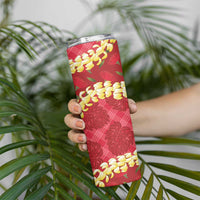 Red Palaka Hawaii Mele Kalikimaka Skinny Tumbler Ohia Lehua Monstera Puakenikeni Lei - Polynesian Pride