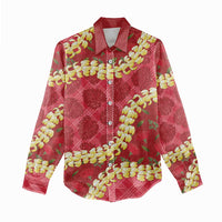 Red Palaka Hawaii Mele Kalikimaka Women Casual Shirt Ohia Lehua Monstera Puakenikeni Lei - Polynesian Pride