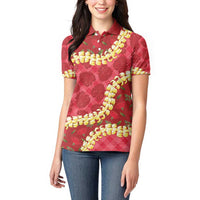 Red Palaka Hawaii Mele Kalikimaka Women Polo Shirt Ohia Lehua Monstera Puakenikeni Lei - Polynesian Pride