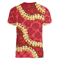 Red Palaka Hawaii Mele Kalikimaka Women V-Neck T-Shirt Ohia Lehua Monstera Puakenikeni Lei LT14 - Polynesian Pride