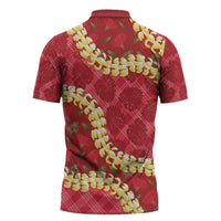 Red Palaka Hawaii Mele Kalikimaka Zipper Polo Shirt Ohia Lehua Monstera Puakenikeni Lei - Polynesian Pride