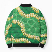 Green Palaka Hawaii Mele Kalikimaka Bomber Puffer Jacket Ohia Lehua Monstera Puakenikeni Lei LT14 - Polynesian Pride