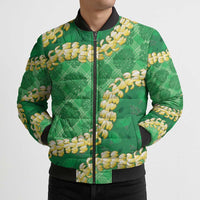 Green Palaka Hawaii Mele Kalikimaka Bomber Puffer Jacket Ohia Lehua Monstera Puakenikeni Lei LT14 - Polynesian Pride