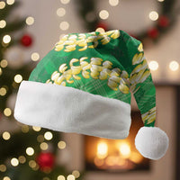 Green Palaka Hawaii Mele Kalikimaka Christmas Santa Hat Ohia Lehua Monstera Puakenikeni Lei - Polynesian Pride