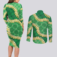 Green Palaka Hawaii Mele Kalikimaka Couples Matching Long Sleeve Bodycon Dress and Long Sleeve Button Shirt Ohia Lehua Monstera Puakenikeni Lei - Polynesian Pride