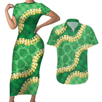 Green Palaka Hawaii Mele Kalikimaka Couples Matching Short Sleeve Bodycon Dress and Hawaiian Shirt Ohia Lehua Monstera Puakenikeni Lei - Polynesian Pride