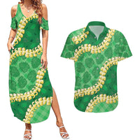 Green Palaka Hawaii Mele Kalikimaka Couples Matching Summer Maxi Dress and Hawaiian Shirt Ohia Lehua Monstera Puakenikeni Lei - Polynesian Pride