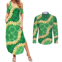 Green Palaka Hawaii Mele Kalikimaka Couples Matching Summer Maxi Dress and Long Sleeve Button Shirt Ohia Lehua Monstera Puakenikeni Lei LT14 Green - Polynesian Pride