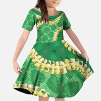 Green Palaka Hawaii Mele Kalikimaka Family Matching Long Sleeve Bodycon Dress and Hawaiian Shirt Ohia Lehua Monstera Puakenikeni Lei LT14 Daughter's Dress Green - Polynesian Pride