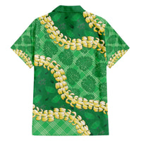 Green Palaka Hawaii Mele Kalikimaka Family Matching Off The Shoulder Long Sleeve Dress and Hawaiian Shirt Ohia Lehua Monstera Puakenikeni Lei LT14 - Polynesian Pride