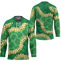 Green Palaka Hawaii Mele Kalikimaka Hockey Jersey Ohia Lehua Monstera Puakenikeni Lei - Polynesian Pride
