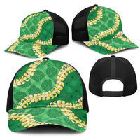 Green Palaka Hawaii Mele Kalikimaka Mesh Trucker Cap Ohia Lehua Monstera Puakenikeni Lei LT14 - Polynesian Pride